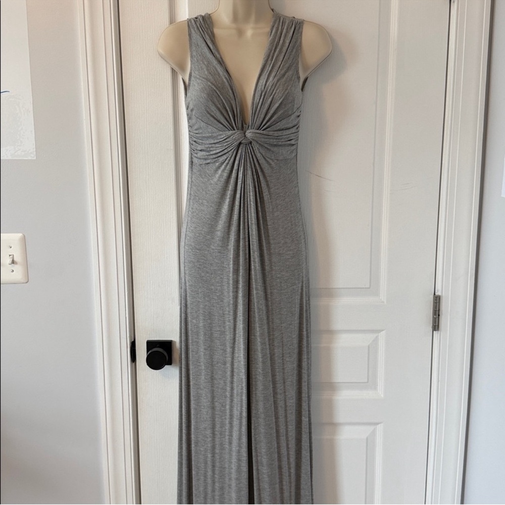 Max Studio Gray Maxi Dress XS Deep V Knot Front Ruched Jersey
